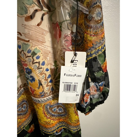Figueroa & Flower Women 2X Floral Paisley Metallic Blouse Ivory Yellow NWT - Picture 3 of 5